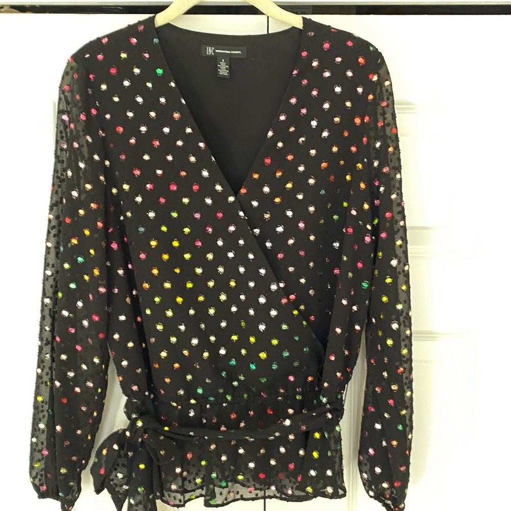 INC International Concepts rainbow polka dot blouse, Size S, Black